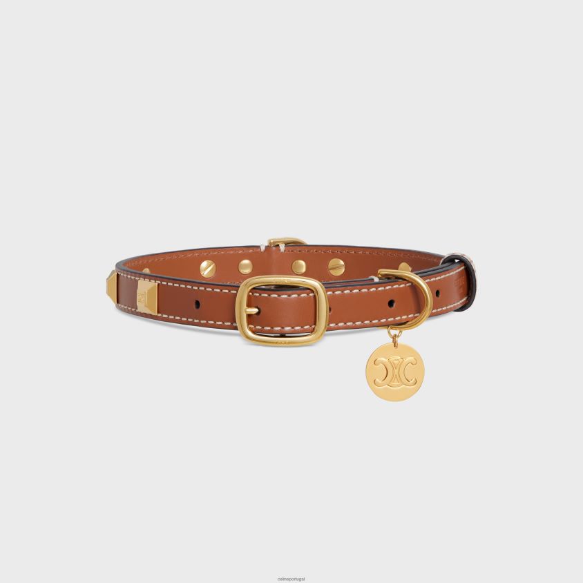 homens acessórios CELINE coleira média fina em couro de bezerro liso com tachas piramidais bronzeado T204R1730