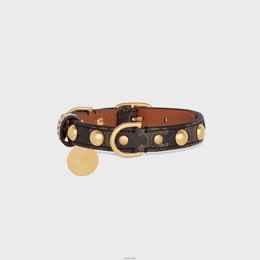 homens acessórios CELINE coleira pequena e fina em lona triomphe e pele de bezerro com tachas bronzeado T204R1752
