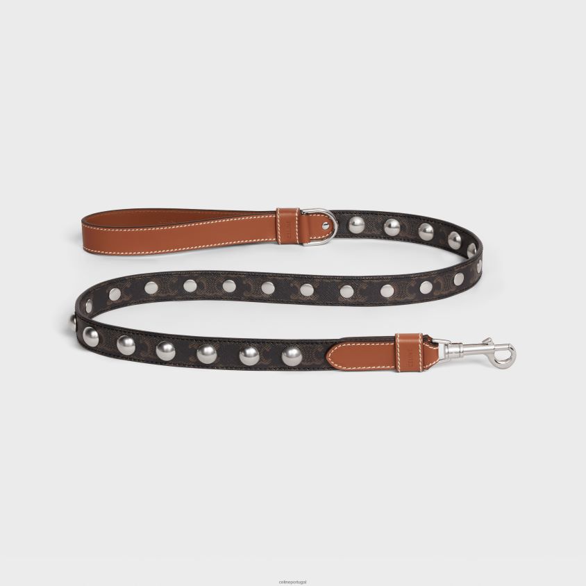 homens acessórios CELINE trela larga para cães em lona triomphe e couro de bezerro com tachas bronzeado T204R1742
