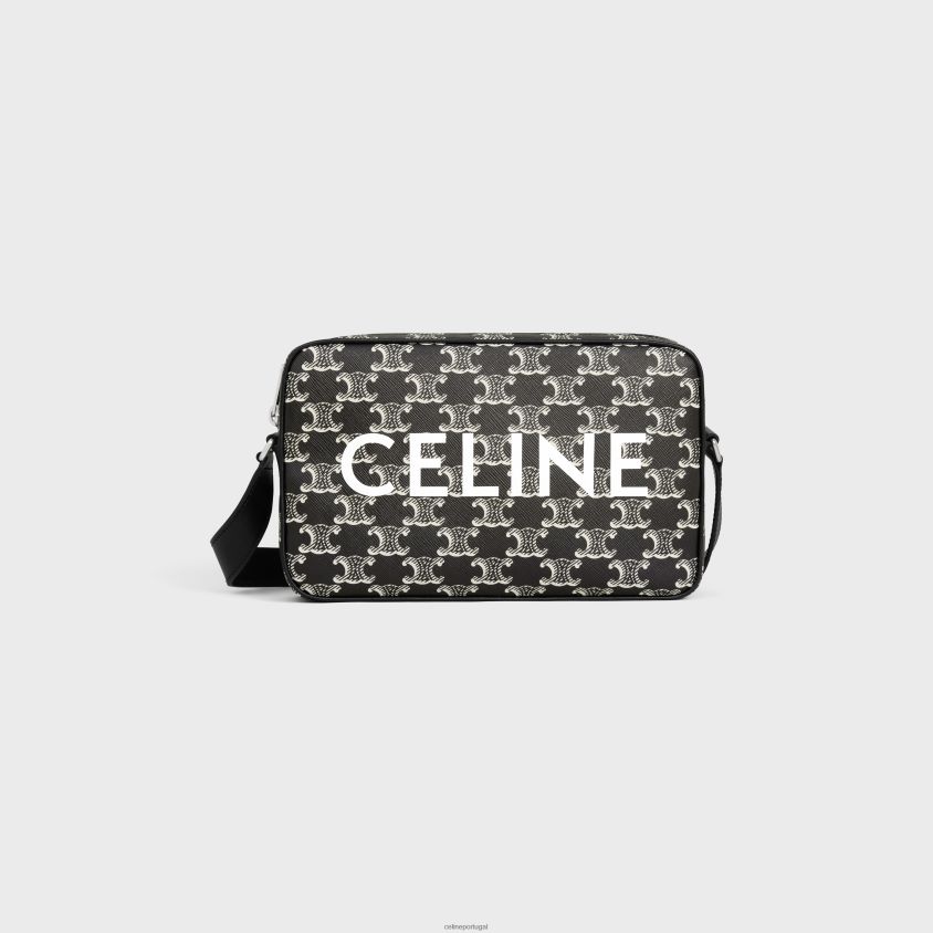 homens acessórios CELINE bolsa mensageiro média em lona triomphe bicolor com estampa Preto branco T204R2082