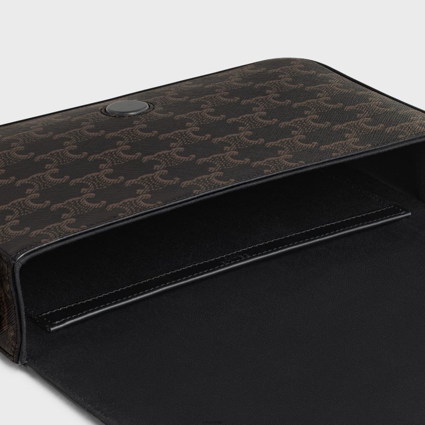 homens acessórios CELINE mensageiro com aba em lona triomphe e couro de bezerro preto T204R2092