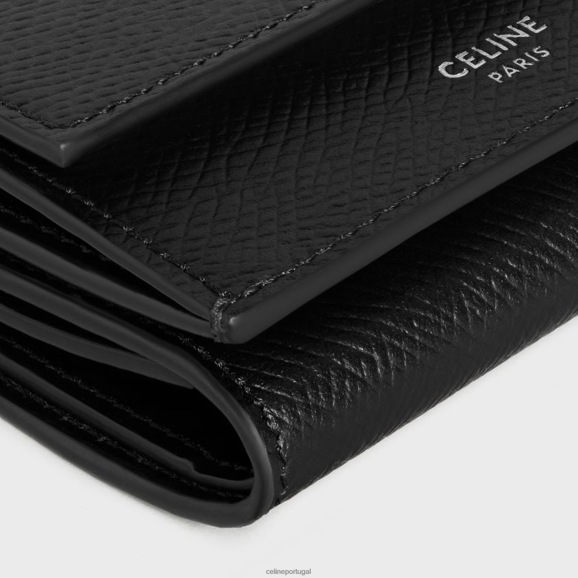 homens acessórios CELINE carteira compacta dobrada em couro de bezerro granulado preto T204R2167