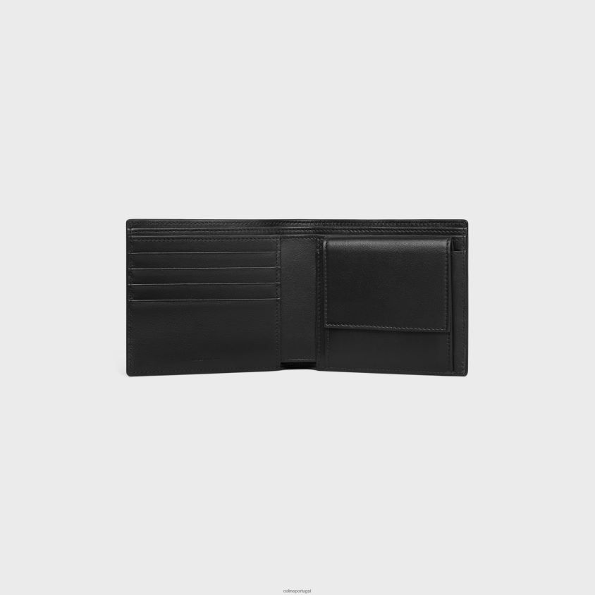 homens acessórios CELINE carteira dupla com compartimento para moedas em couro de bezerro com relevo de crocodilo preto T204R2164