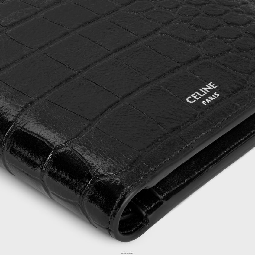 homens acessórios CELINE carteira dupla com compartimento para moedas em couro de bezerro com relevo de crocodilo preto T204R2164