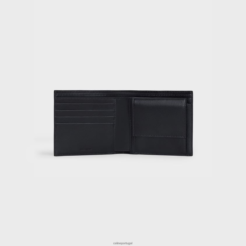 homens acessórios CELINE carteira dupla com compartimento para moedas em couro de bezerro granulado preto T204R2159