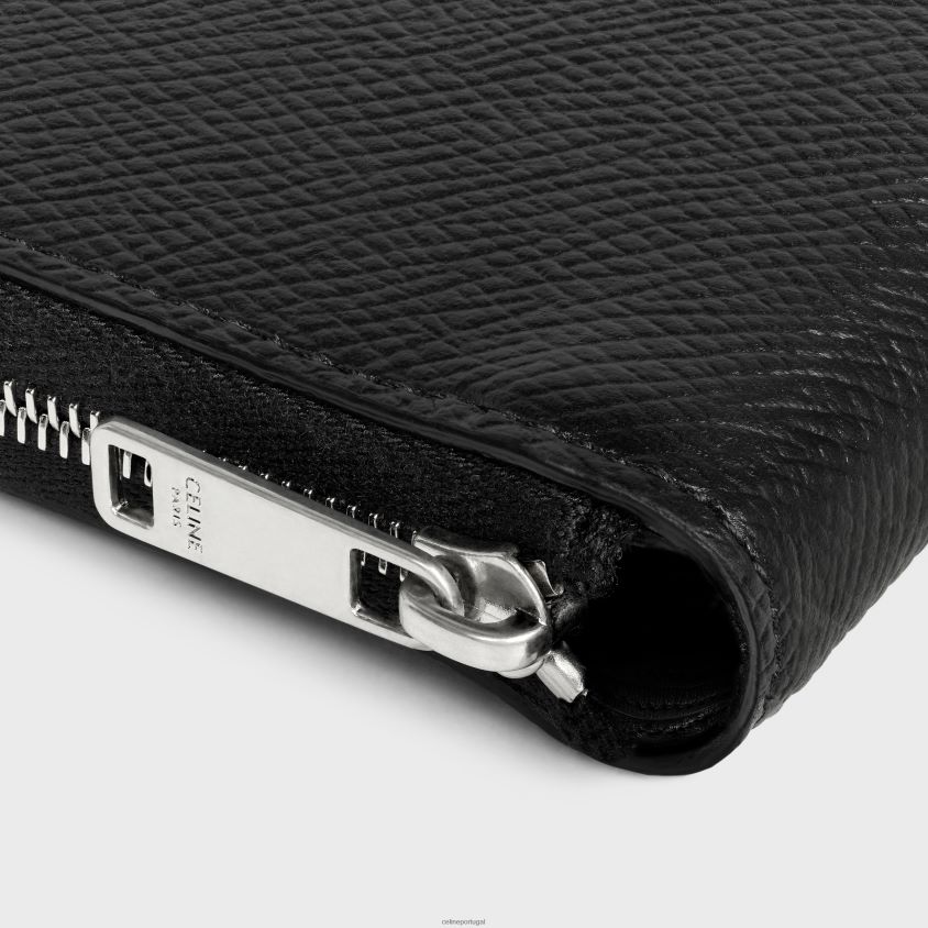 homens acessórios CELINE carteira dupla com zíper e compartimento para moedas em couro de bezerro granulado preto T204R2122