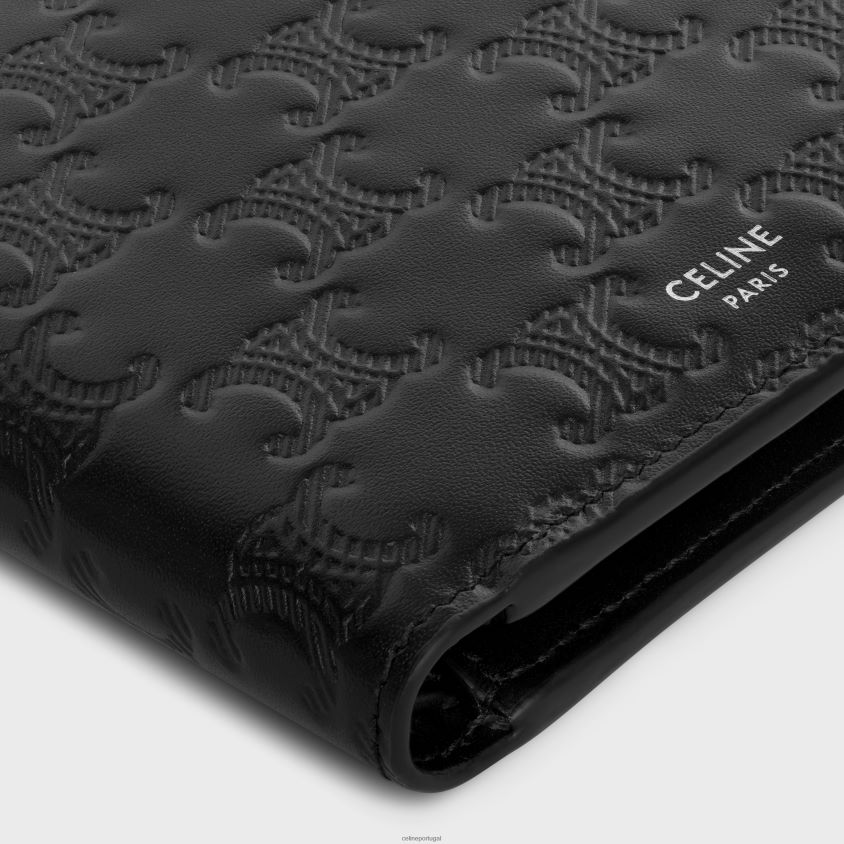 homens acessórios CELINE carteira dupla em couro de bezerro com relevo triomphe preto T204R2111