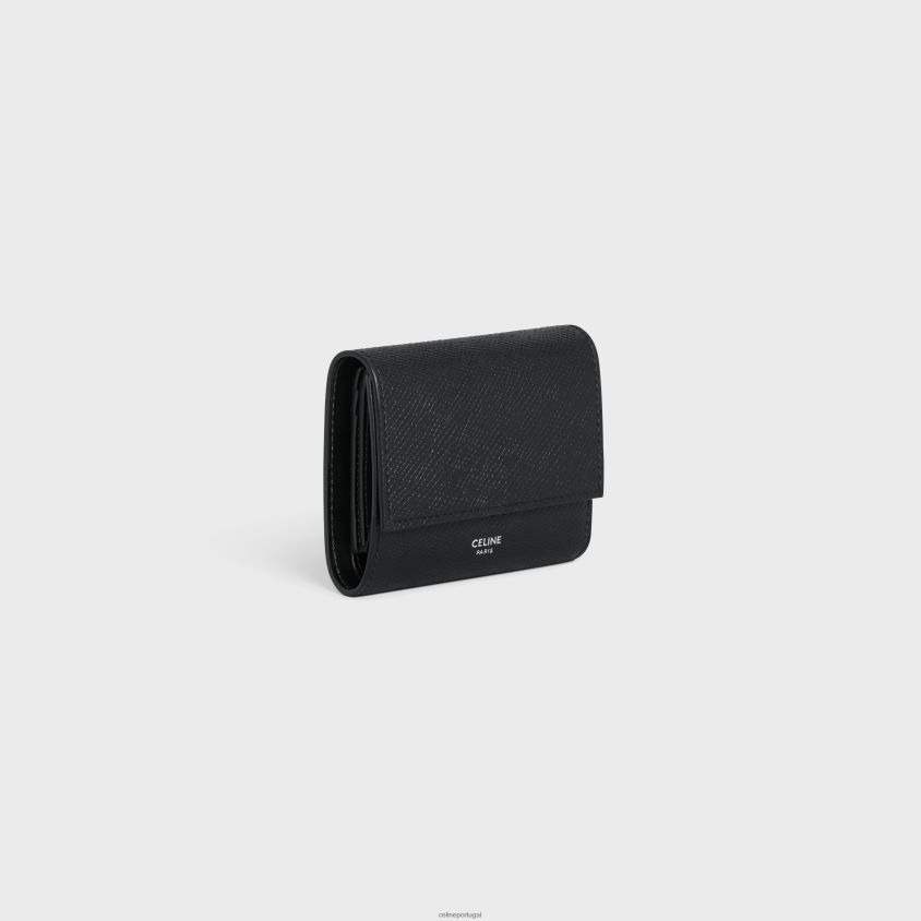homens acessórios CELINE carteira pequena com três dobras em couro de bezerro granulado preto T204R2166