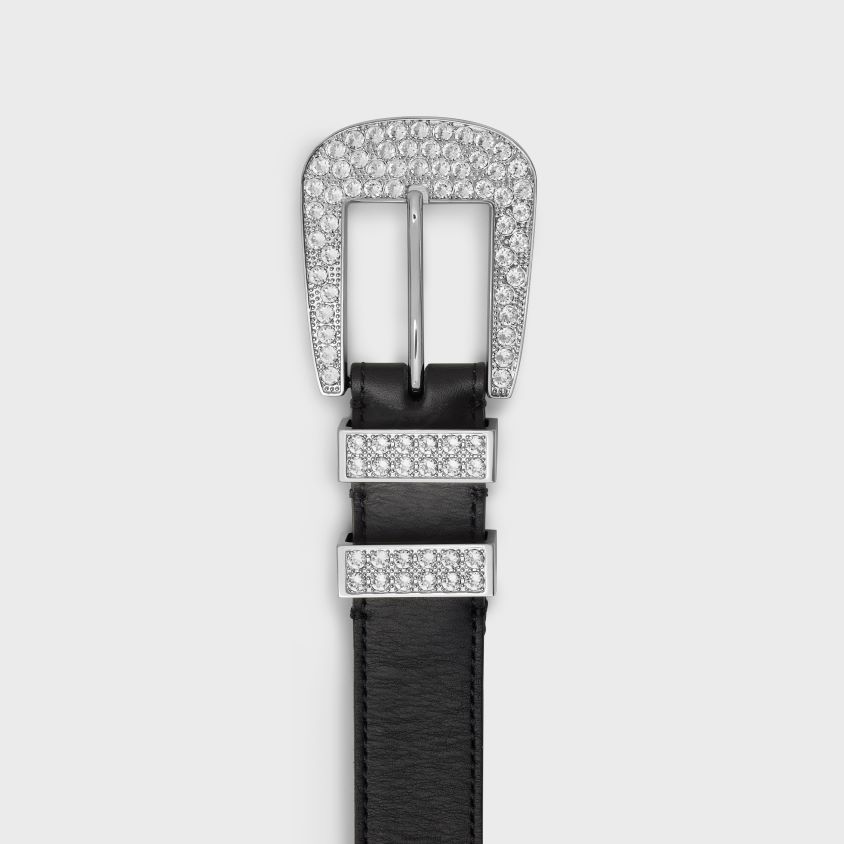 homens acessórios CELINE cinto marco médio com strass em couro de bezerro vintage preto T204R2205