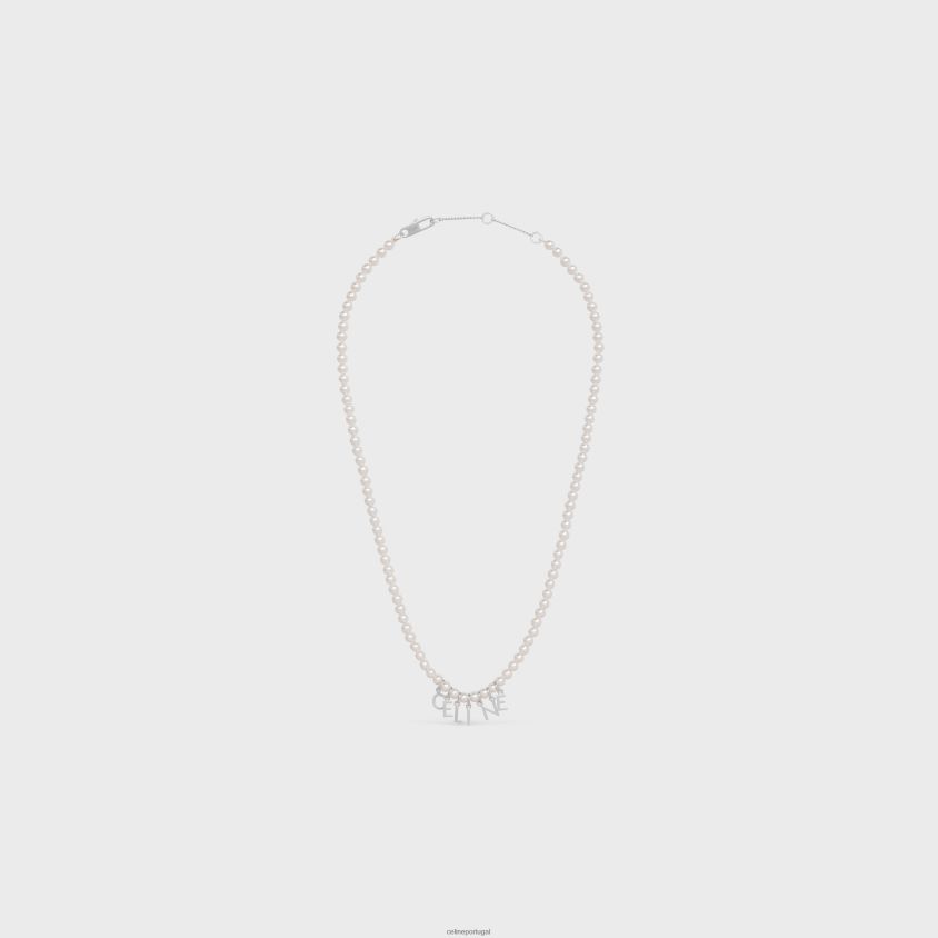 homens acessórios CELINE colar monocromático em pérolas de vidro e latão com acabamento em ródio marfim/prata T204R2287