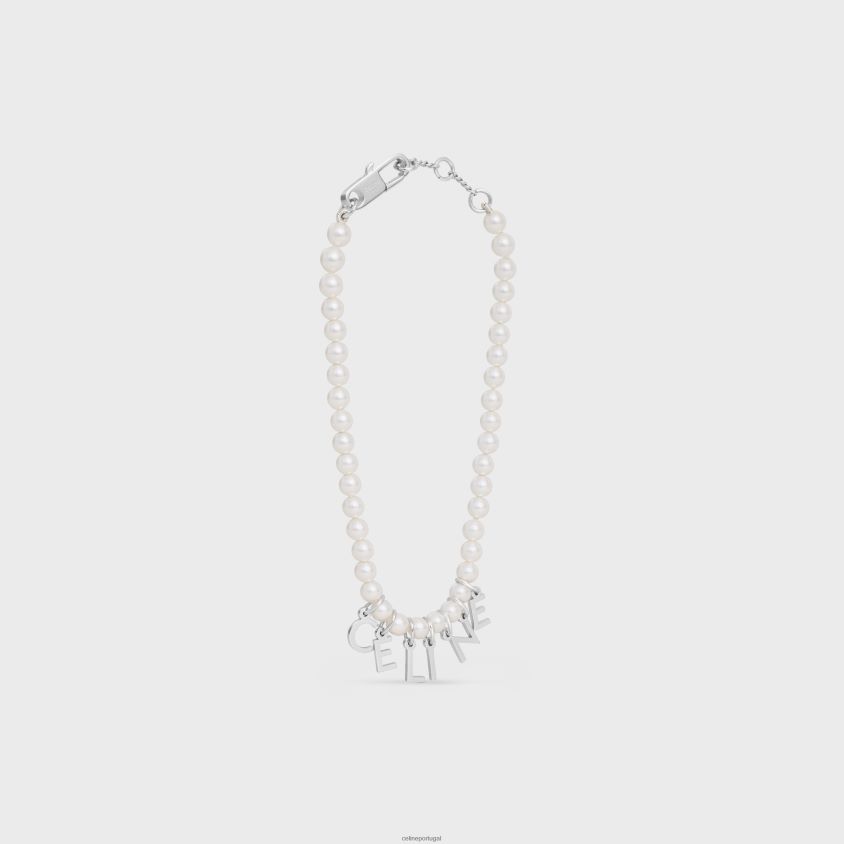homens acessórios CELINE pulseira monocromática em pérolas de vidro e latão com acabamento em ródio marfim/prata T204R2289