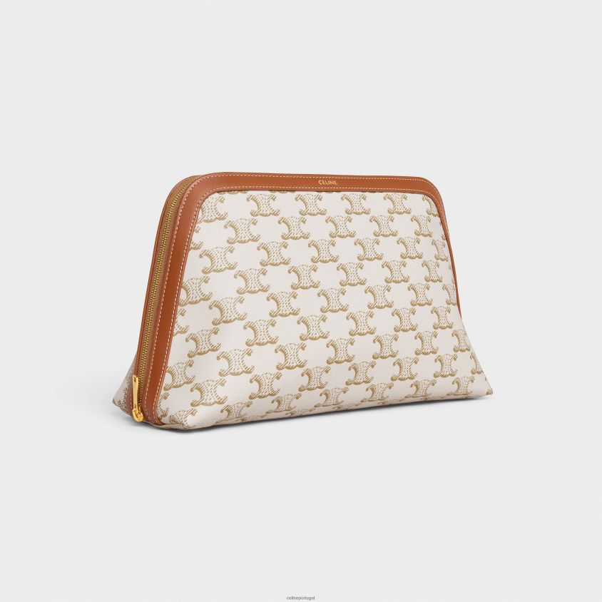 homens acessórios CELINE bolsa cosmética grande em lona triomphe e couro de bezerro branco T204R1574