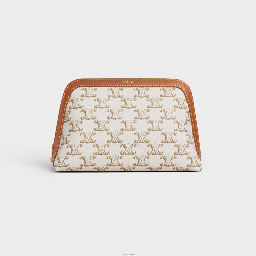 homens acessórios CELINE bolsa cosmética média em lona triomphe e couro de bezerro branco T204R1575