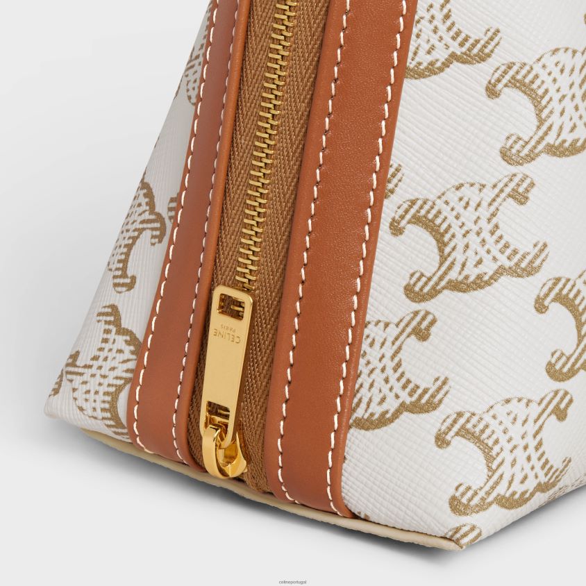 homens acessórios CELINE bolsa cosmética média em lona triomphe e couro de bezerro branco T204R1575