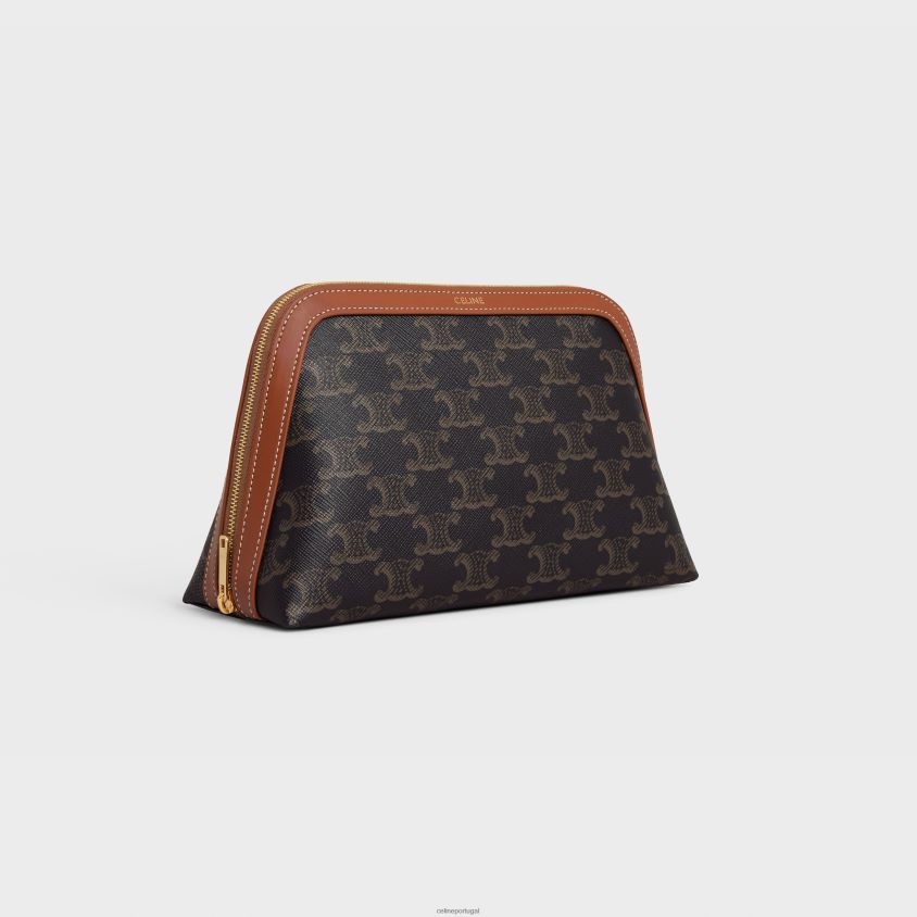 homens acessórios CELINE bolsa cosmética média em lona triomphe e couro de bezerro bronzeado T204R1572