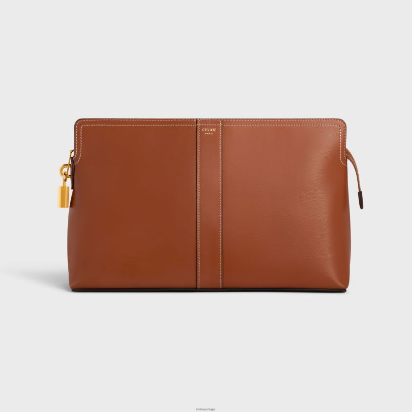 homens acessórios CELINE bolsa de toalete lock em couro de bezerro brilhante bronzeado T204R1565