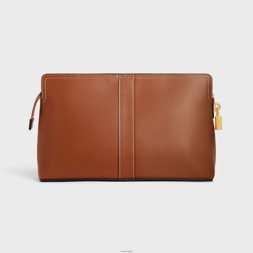 homens acessórios CELINE bolsa de toalete lock em couro de bezerro brilhante bronzeado T204R1565