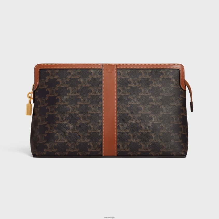 homens acessórios CELINE bolsa de toalete lock em lona triomphe e couro de bezerro bronzeado T204R1487