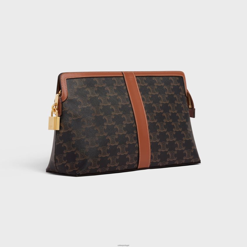 homens acessórios CELINE bolsa de toalete lock em lona triomphe e couro de bezerro bronzeado T204R1487
