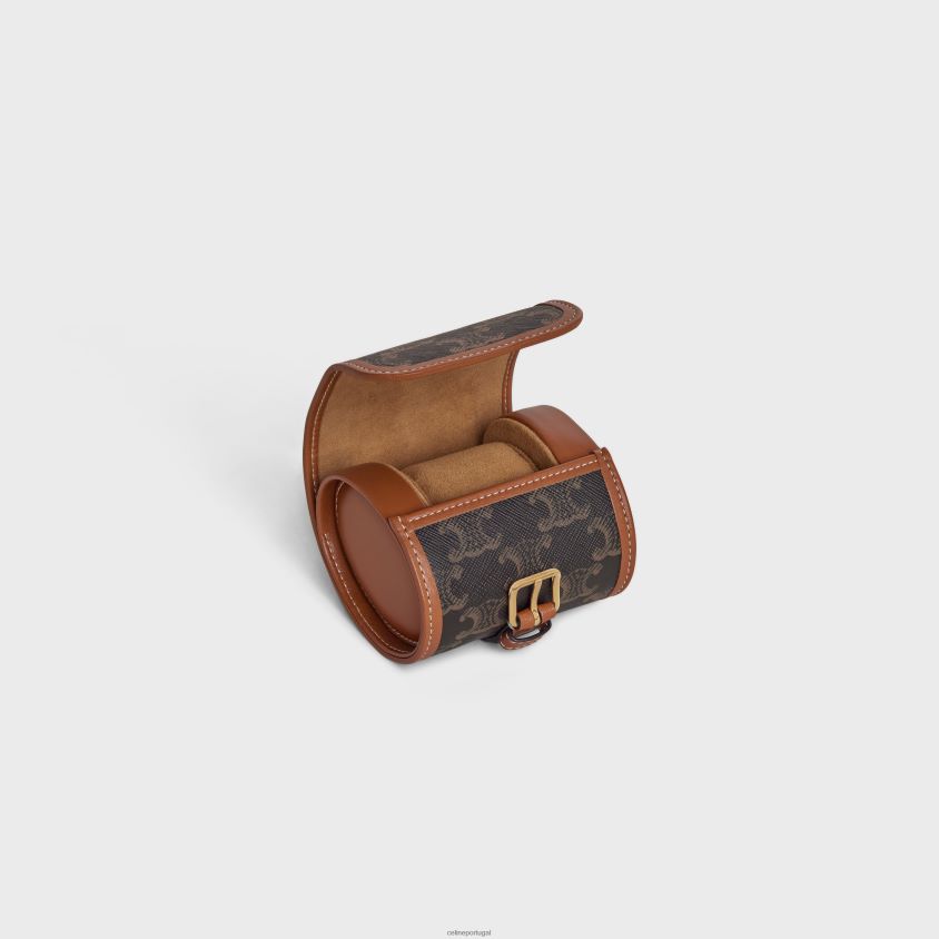 homens acessórios CELINE caixa de relógio única em lona triomphe e couro de bezerro bronzeado T204R1594