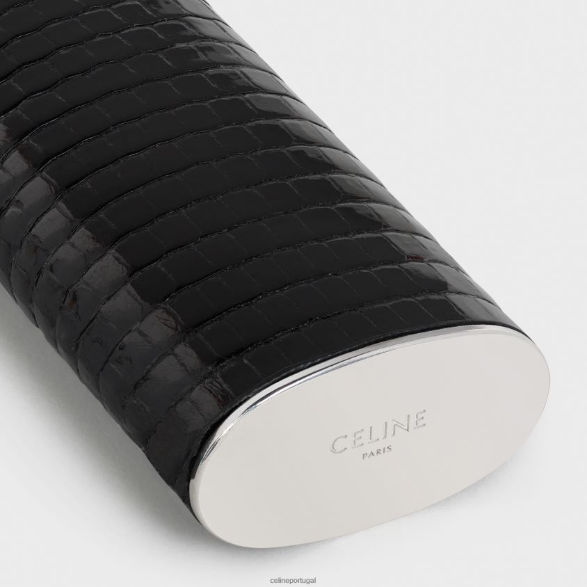 homens acessórios CELINE estojo de isqueiro pequeno em prata esterlina e lagarto preto T204R1545