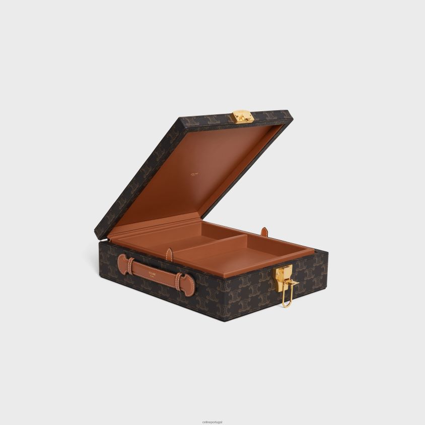 homens acessórios CELINE estojo de papelaria pequeno em lona triomphe e couro de bezerro bronzeado T204R1637