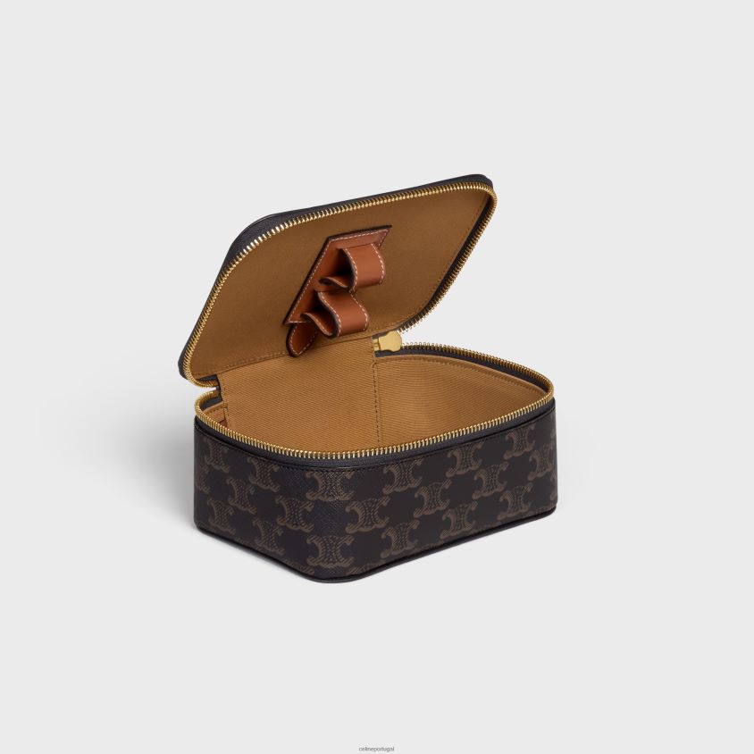 homens acessórios CELINE estojo de toalete pequeno com alça superior em lona triomphe e couro de bezerro bronzeado T204R1590
