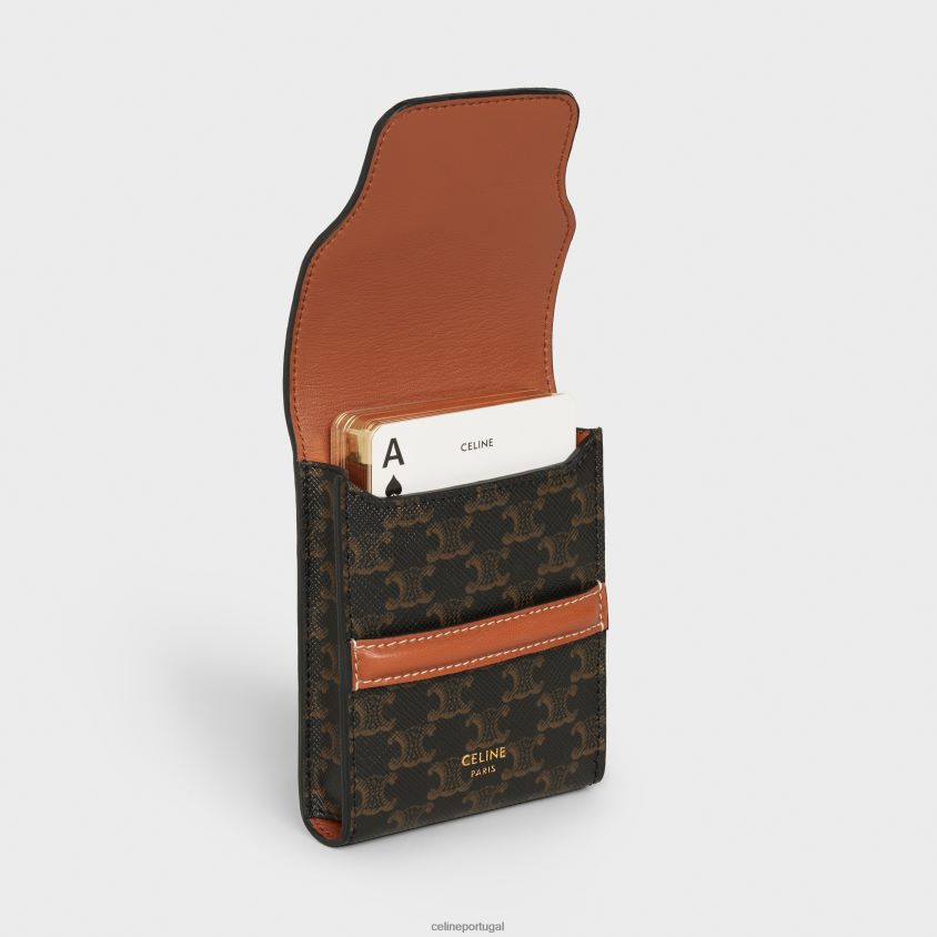 homens acessórios CELINE estojo para cartas de baralho em tela triomphe e pele de cordeiro Preto branco T204R1669