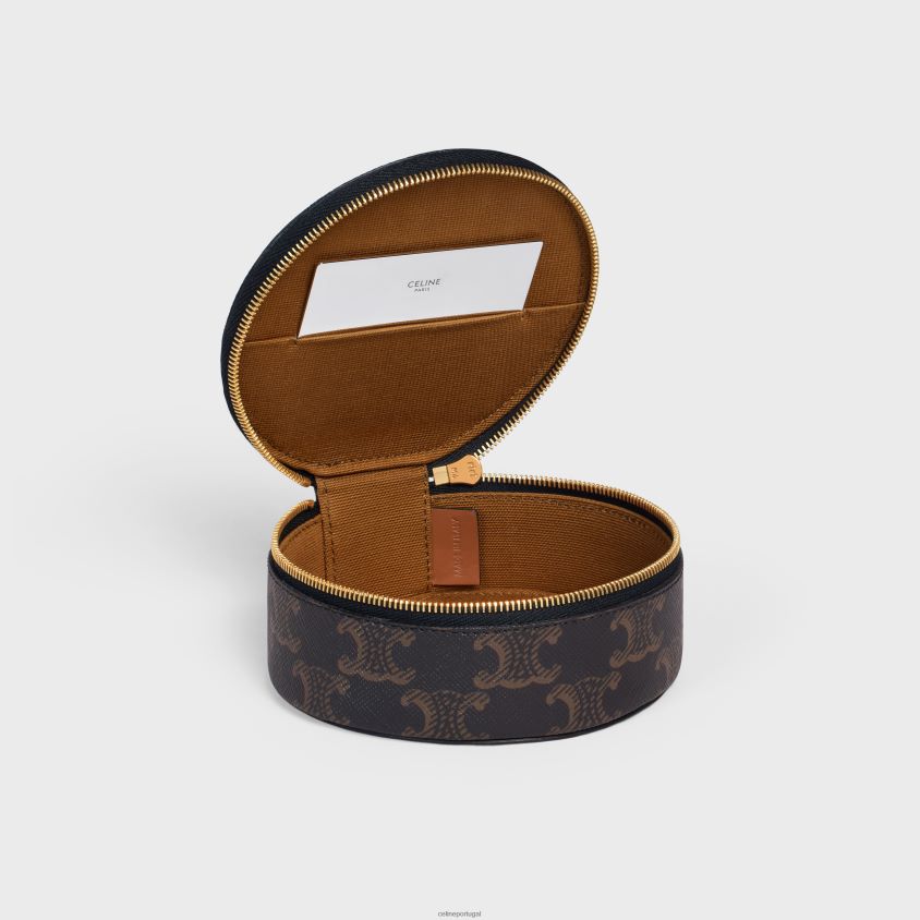 homens acessórios CELINE estojo redondo com zíper em lona triomphe e couro de bezerro bronzeado T204R1592