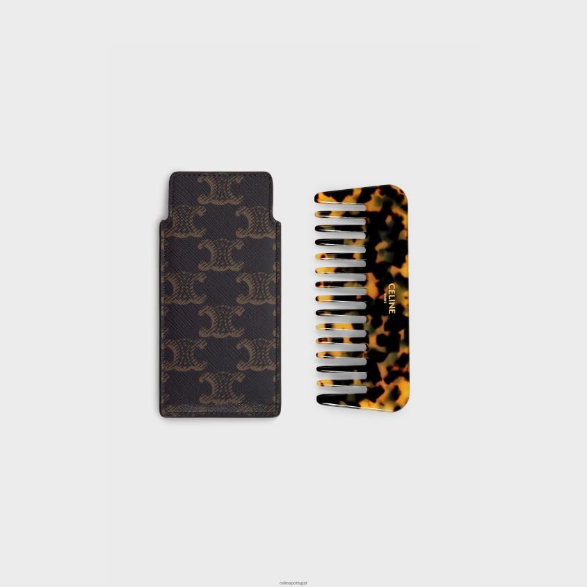 homens acessórios CELINE pente de cabelo pequeno em tela triomphe preto/castanho T204R1614