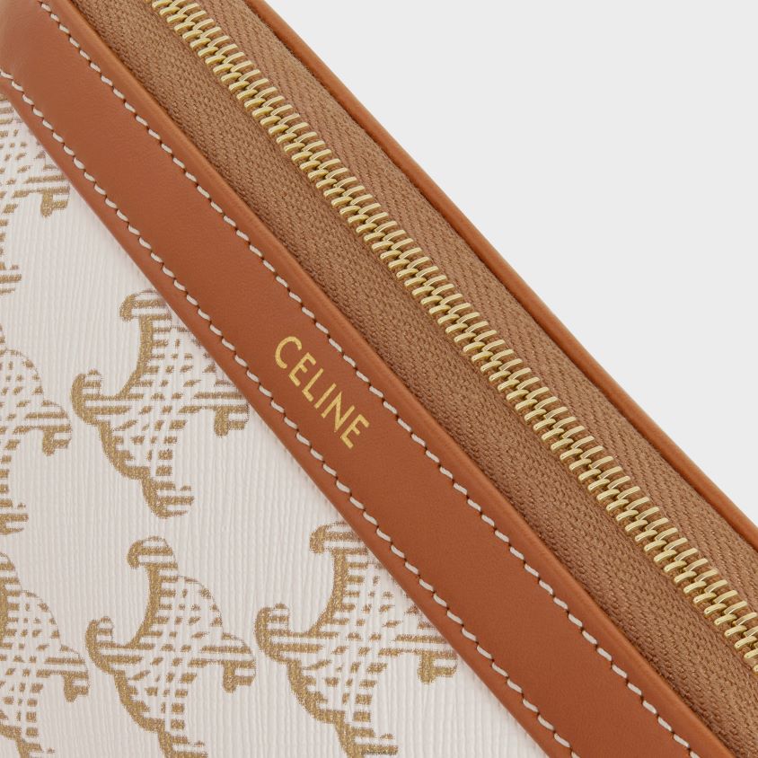 homens acessórios CELINE pequena bolsa cosmética em lona triomphe e couro de bezerro branco T204R1576