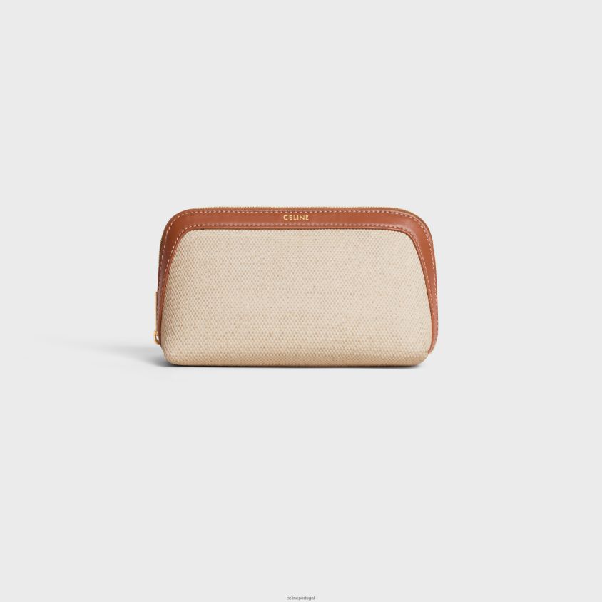 homens acessórios CELINE pequena bolsa cosmética em tecido e pele de bezerro natural/bronzeado T204R1579