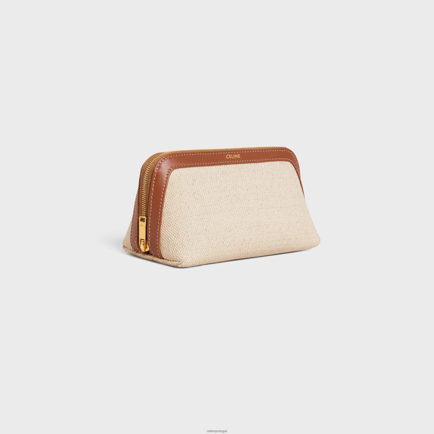 homens acessórios CELINE pequena bolsa cosmética em tecido e pele de bezerro natural/bronzeado T204R1579