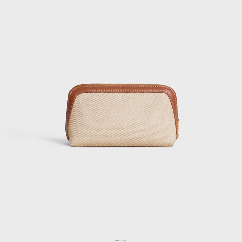 homens acessórios CELINE pequena bolsa cosmética em tecido e pele de bezerro natural/bronzeado T204R1579