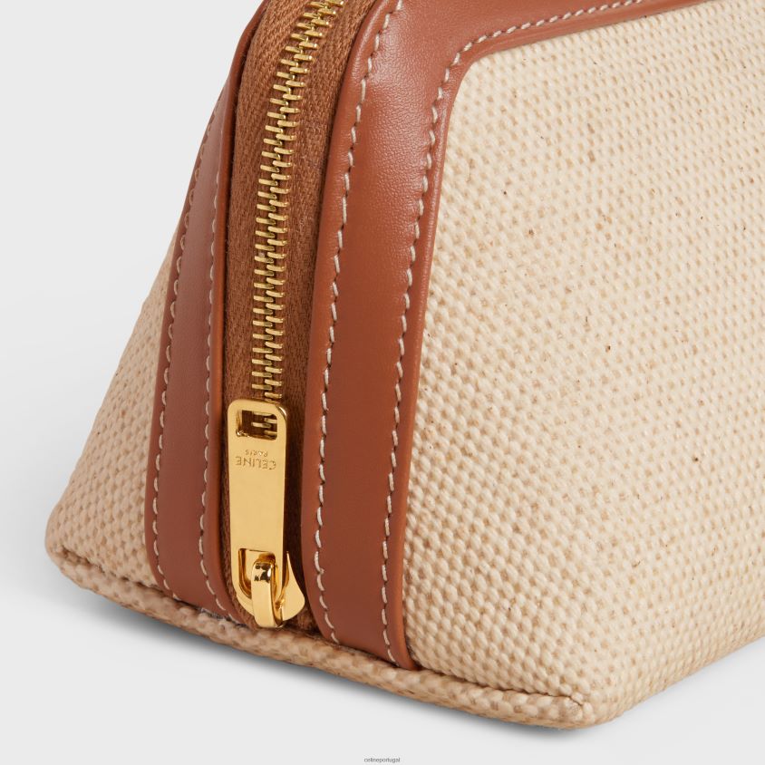 homens acessórios CELINE pequena bolsa cosmética em tecido e pele de bezerro natural/bronzeado T204R1579