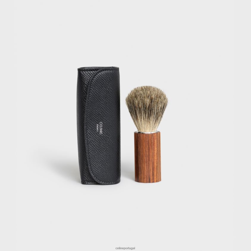 homens acessórios CELINE pincel de barbear para madeira com estojo em couro de bezerro granulado preto T204R2292