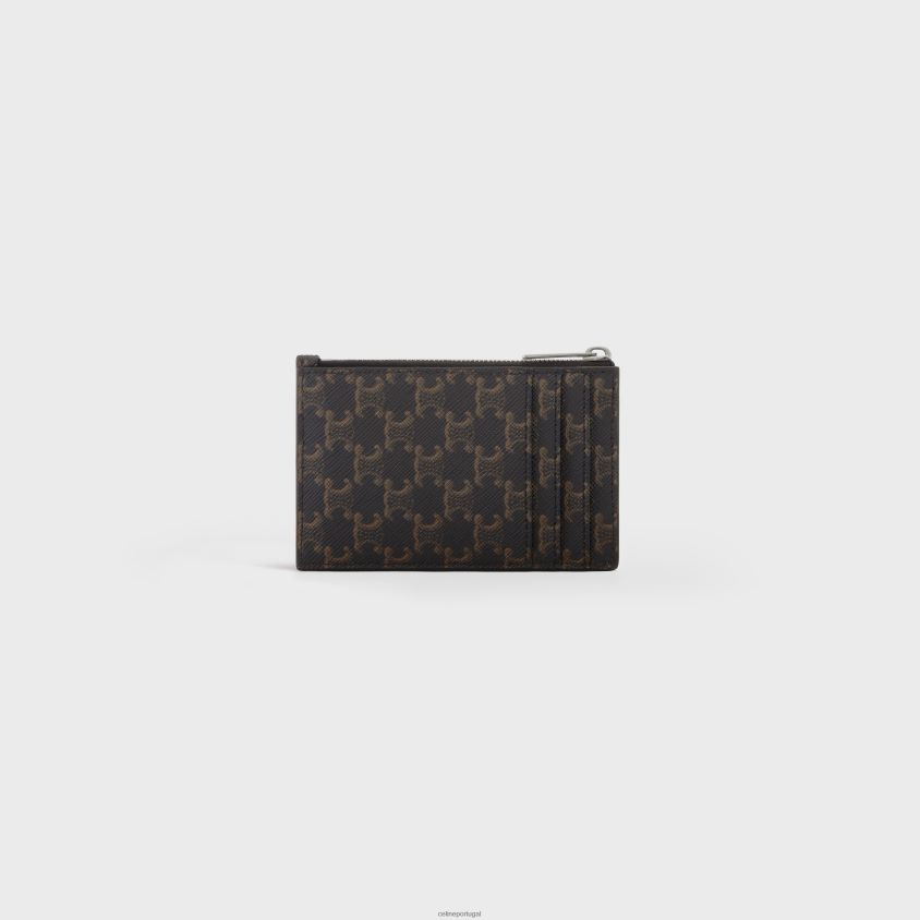 homens acessórios CELINE porta-cartões com zíper em lona triomphe e pele de cordeiro bronzeado T204R2126