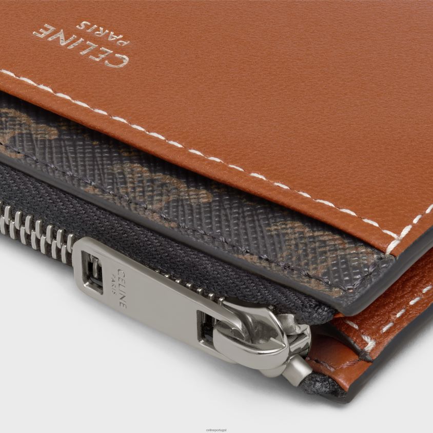 homens acessórios CELINE porta-cartões com zíper em lona triomphe e pele de cordeiro bronzeado T204R2126