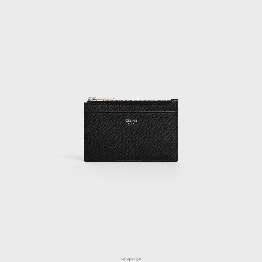 homens acessórios CELINE porta-cartões com zíper em couro de bezerro granulado preto T204R2154
