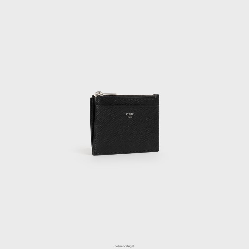 homens acessórios CELINE porta-cartões com zíper em couro de bezerro granulado preto T204R2154
