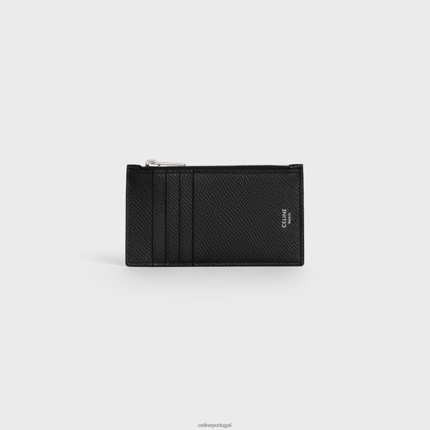 homens acessórios CELINE porta-cartões compacto com zíper em couro de bezerro granulado preto T204R2156