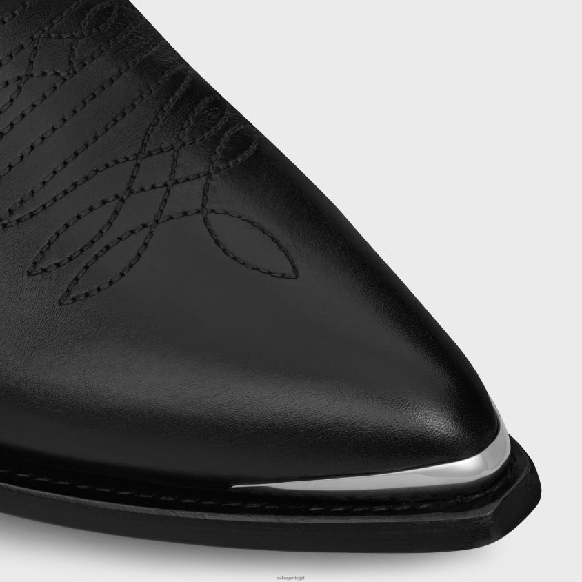 homens calçados CELINE bota leon com zíper e biqueira de metal em couro de bezerro brilhante preto T204R2035