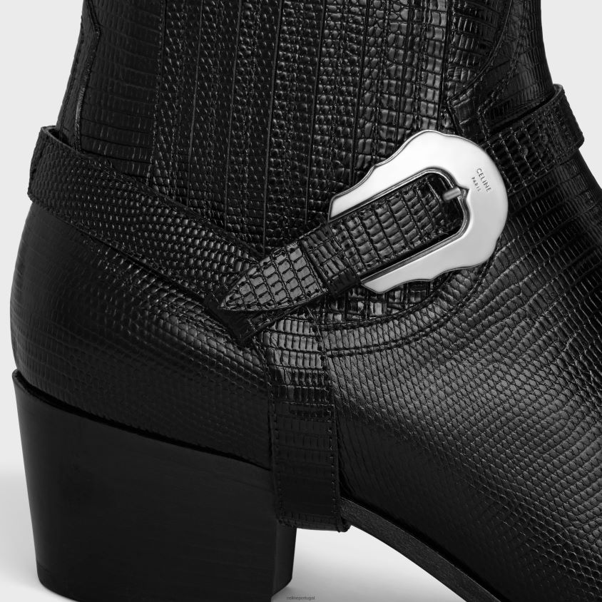 homens calçados CELINE bota western chelsea isaac com arnês e biqueira de metal em couro de bezerro estampado tejus preto T204R2056