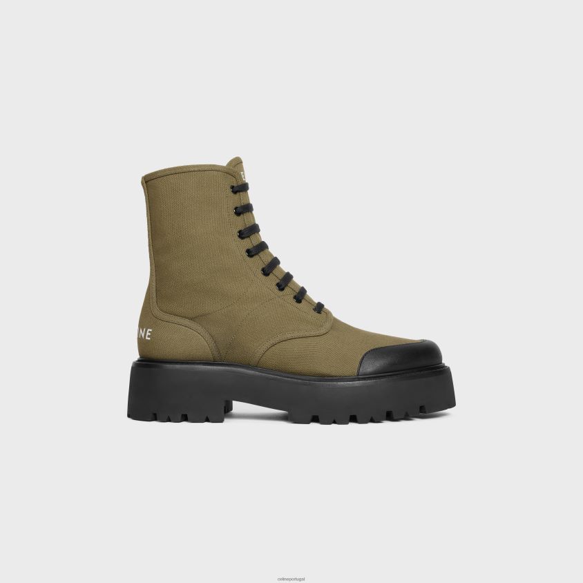 homens calçados CELINE botas volumosas com cordões em lona e pele de boi brilhante cáqui/preto T204R2037