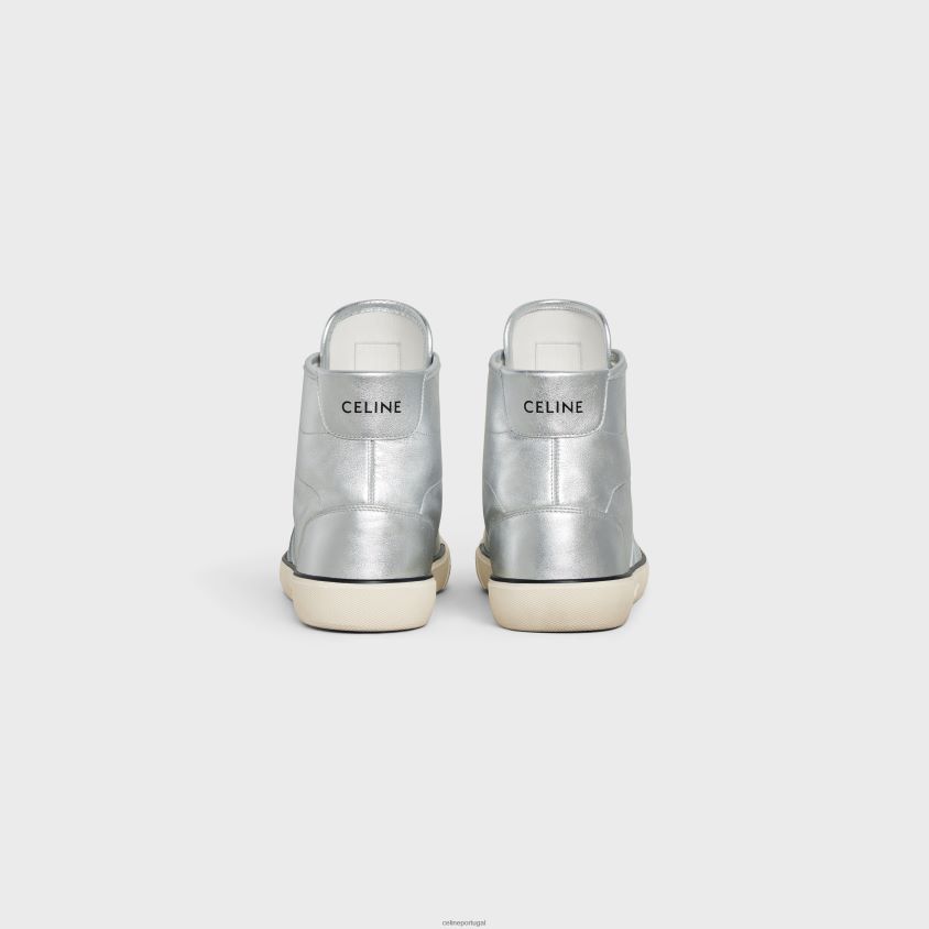 homens calçados CELINE as-02 tênis alan com cadarço médio e baixo em couro de bezerro metalizado prata T204R2052