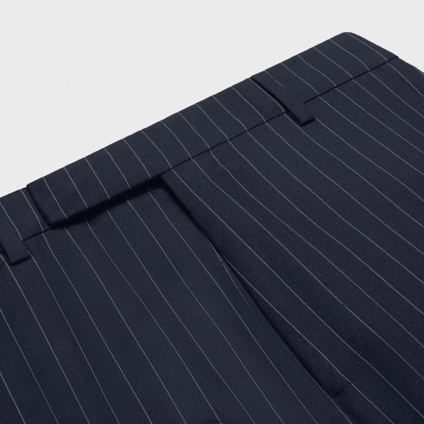 homens vestuário CELINE calça clássica em lã caxemira listrada marinho/craie T204R1902