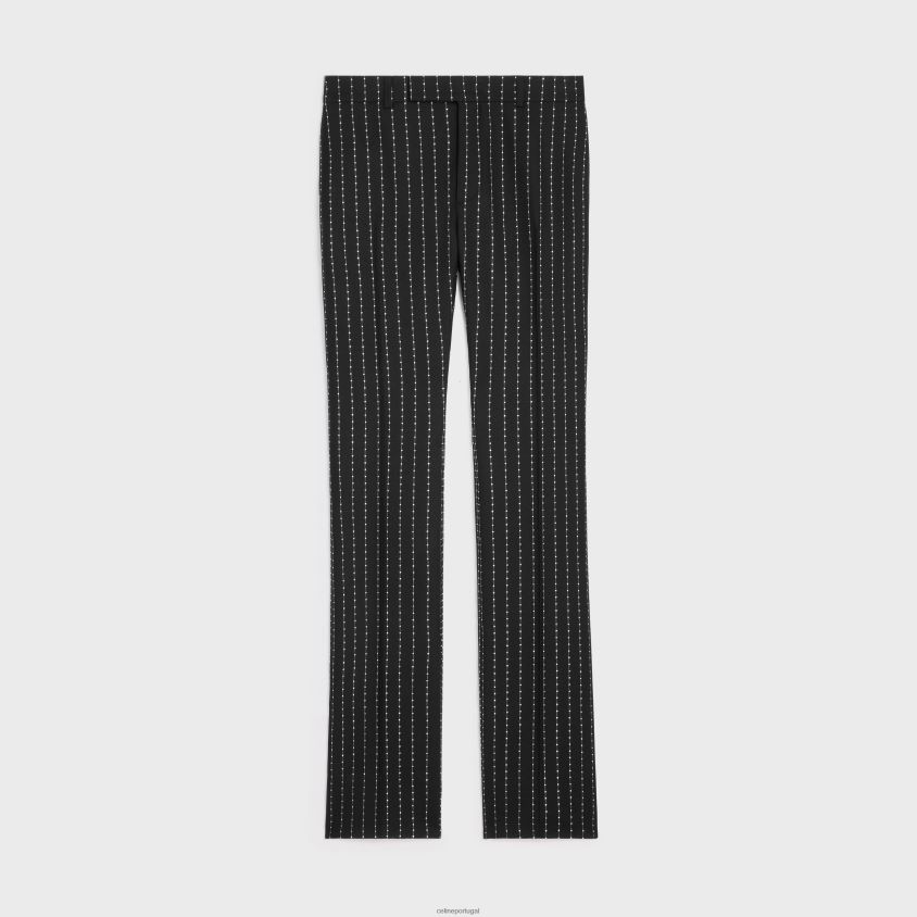 homens vestuário CELINE calça larga bordada em lã listrada Preto branco T204R1893