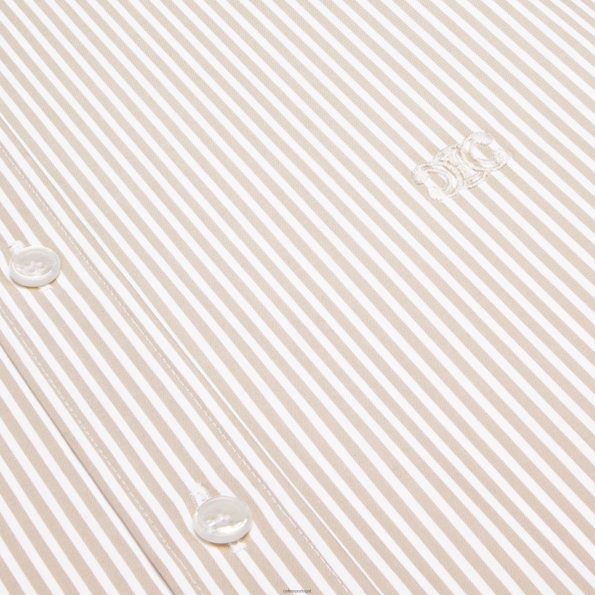 homens vestuário CELINE camisa carnaby solta em popeline listrada branco/camelo T204R1908