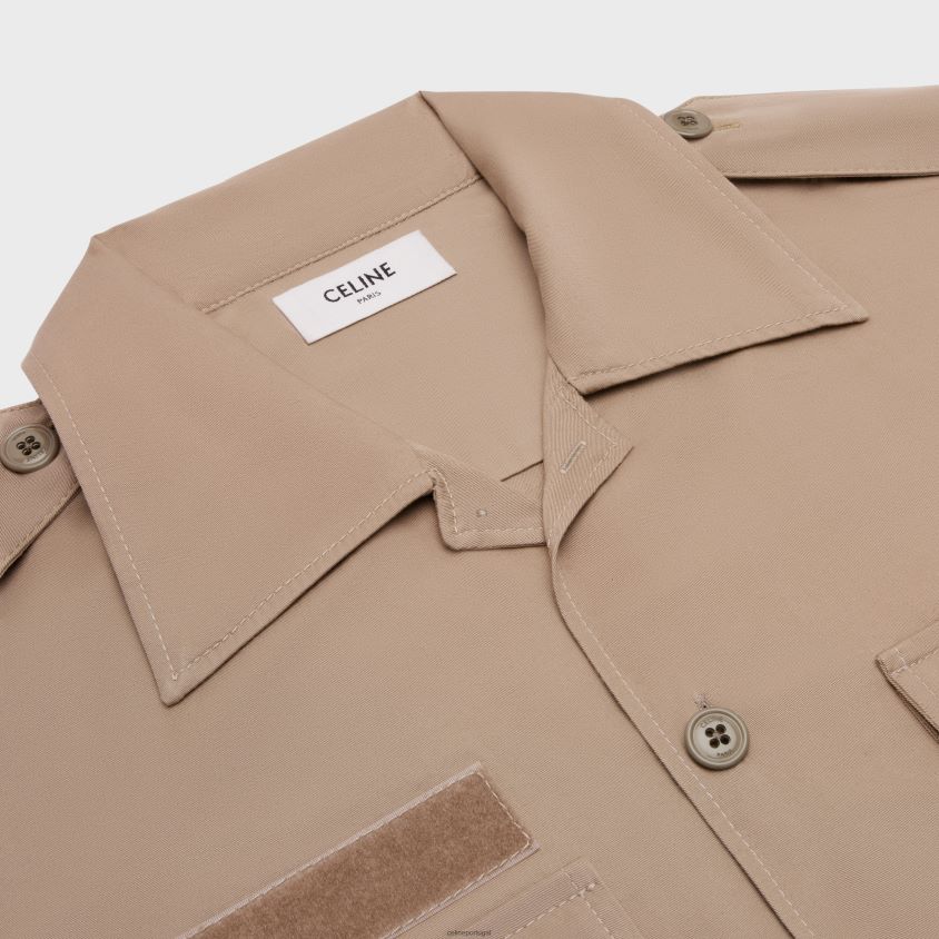 homens vestuário CELINE camisa de velcro em linho de algodão bege T204R1924