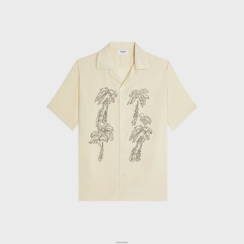 homens vestuário CELINE camisa havaiana bordada em viscose bege leitoso T204R1923